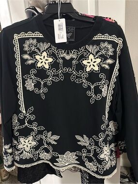 Johnny Was Black Sweatshirt with Cream Floral Embroidery